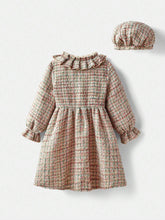 Young Girl Oversized Casual Ruffled Collar Puff Sleeve Tweed Dress